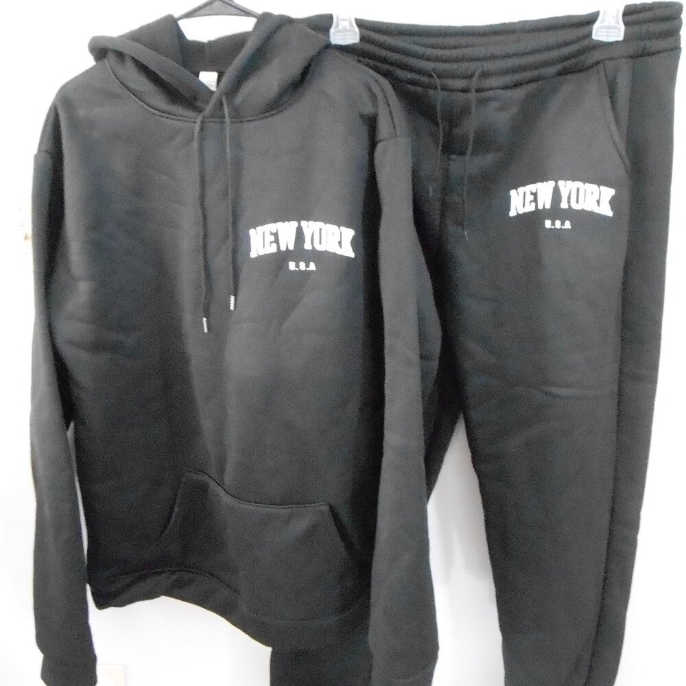 Men's Black New York USA 2 Pc Sweatsuit-Hooded Jacket Elastic Waist Pants Sz-5XL